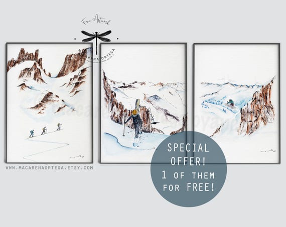 SKIMO & SPLIT Watercolor SET of 3 prints 1 of them for free!! Special Offer home decor art prints ski wall art freeriders skiers splitboard
