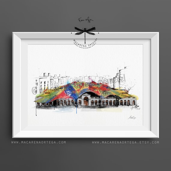 Santa Caterina Market Art Print | Barcelona Architecture Sketch, Modern City Building Poster, Spain Urban Wall Decor BCN Souvenir Art | N104