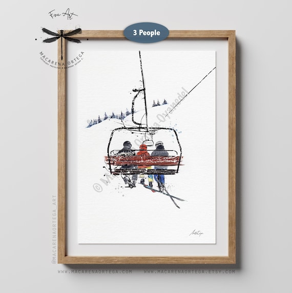Ski Lift Family of 3 Art Print – Watercolor Skiing and Snowboarding Artwork | Gift for Ski Lovers | Winter Cabin Wall Decor