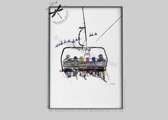 Family of 6 in chairlift art print watercolor Skier artwork Ski lift art skis print snowboarder Sport skiing ski resort ski center painting