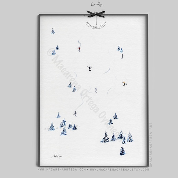 Tiny Skiers and Snowboarders Aerial View Watercolor Art Print | Ski Lovers Decor | Sport Painting | Winter Skiing by | Macarena Ortega | N76