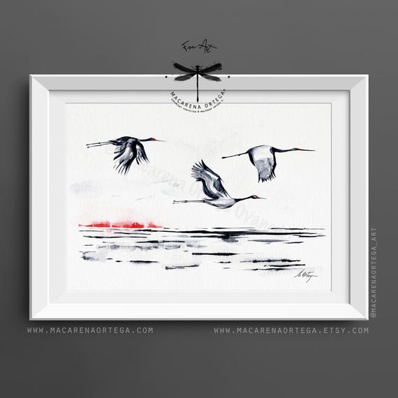 Watercolor of Cranes in Flight, Art Print, Bird Painting, Minimalist Nature Wall Decor, Red Sun Landscape Artwork, Elegant Wildlife | N213