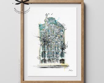 Casa Batlló Gaudí Watercolor Art Print | Barcelona Architecture Sketch | BCN Art | Gaudí's House Painting | Art by Macarena Ortega | N99