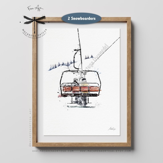 Two Snowboarder in Chairlift Watercolor Art Print Handmade | Ski Resort Skiing Illustration | Winter Sports Artwork | Après-Ski Dec |N101