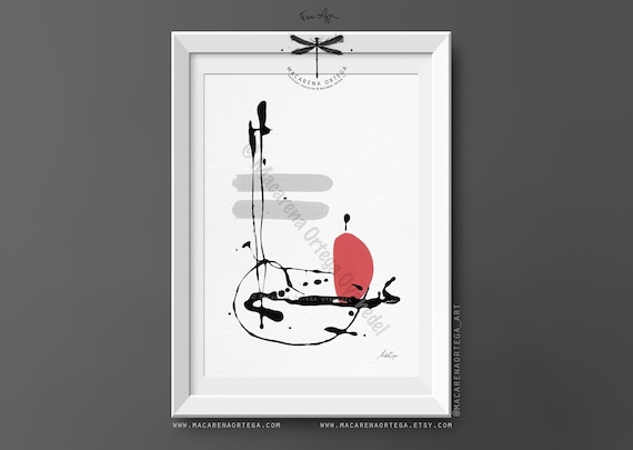 Abstract inks Art Print | Minimalist Painting, Red & Gray Surrealism, Modern Wall Art | Abstract Print by Macarena Ortega |N184