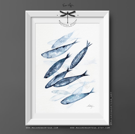 Sardines, Watercolor Art Print, School of Sardines, Coastal Wall Art, Nautical Decor, by Macarena Ortega | N90