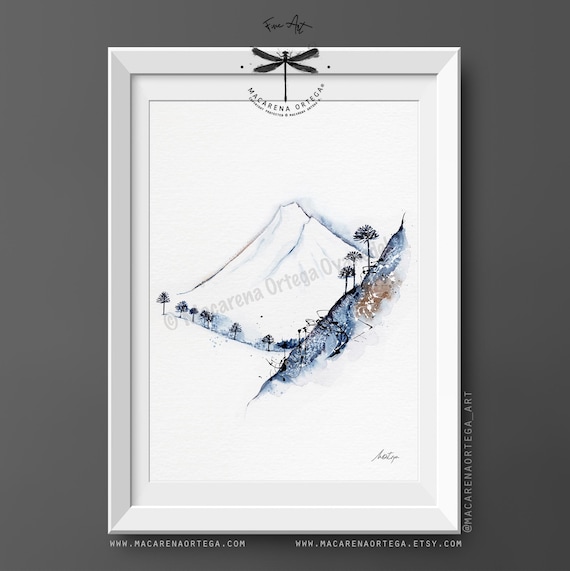 Llaima Volcano Watercolor Art Print | Araucaria Tree Painting | Chile Landscape Art | Winter Outdoor Adventure | by Macarena Ortega | N46