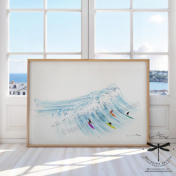 Surfers Wave Watercolor Art Print | Minimalist Surfing Wall Decor | Water Sports Poster | Coastal Ocean Art | Sea Lovers Painting | N125