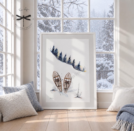 Vintage Snowshoes Watercolor, Art Print, Snowy Mountain Landscape, Rustic Winter Wall Art, by Macarena Ortega | N39