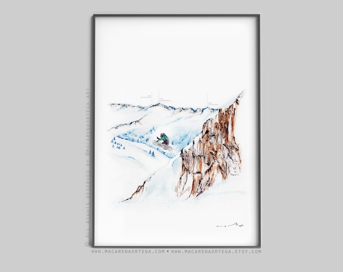 Snowboarder jump skier painting watercolor (Nº107) print Skiing Skiing art snowboard and mountain ski lovers skis print Sport Snowy (107)