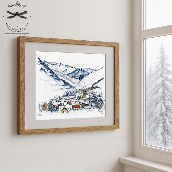 Salardú Watercolor Art Print | Valle de Aran Mountain Naut Aran Town Val d'Aran Spain Ski Print Winter Village Pirineos | Winter Decor | N84