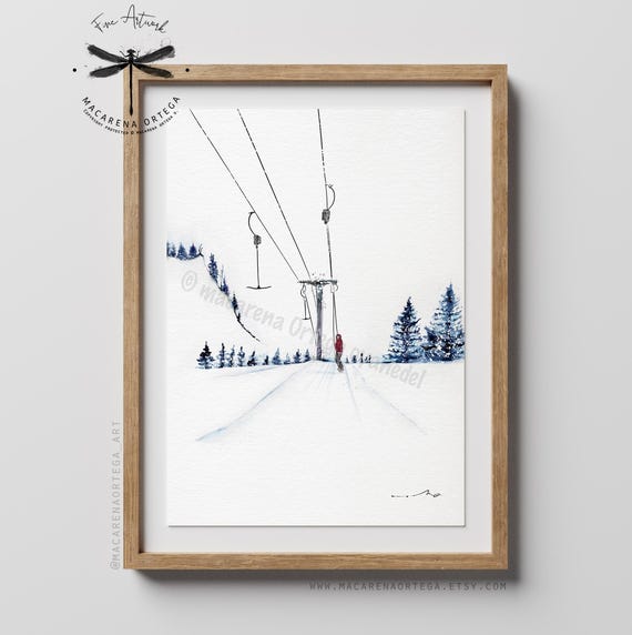 Snowboarder in Ski Lift Watercolor Art Print | Minimalist Skiing Wall Decor | Chairlift and Skis Painting | Alpine Winter Cabin Art | N36