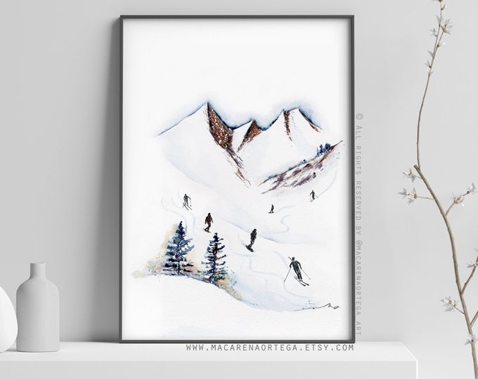 Skiers art watercolor skier people (Nº61) watercolor ski lovers skis print Sport watercolor Snowy painting skiing art print nature (61)