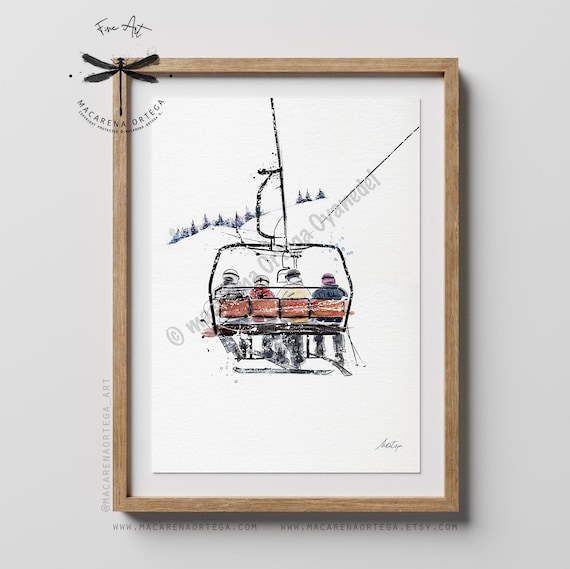 4 Friends in chairlift watercolor Skiers painting Ski lift art skis print snowboarder skiing ski resort apress ski art rustic ski decor