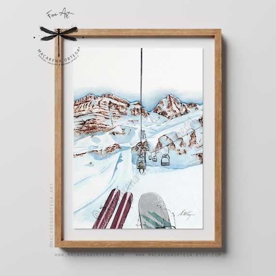 Candanchú Ski Station Chairlift Watercolor Art Print | Spain Ski Resort Painting | Mountain Snow | Art Skiing Sport | Macarena Ortega | N136