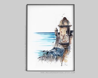 El Morro, San Juan, Puerto Rico watercolor painting decor art prints navigation gift art beach coastal art sea prints ocean art (58)