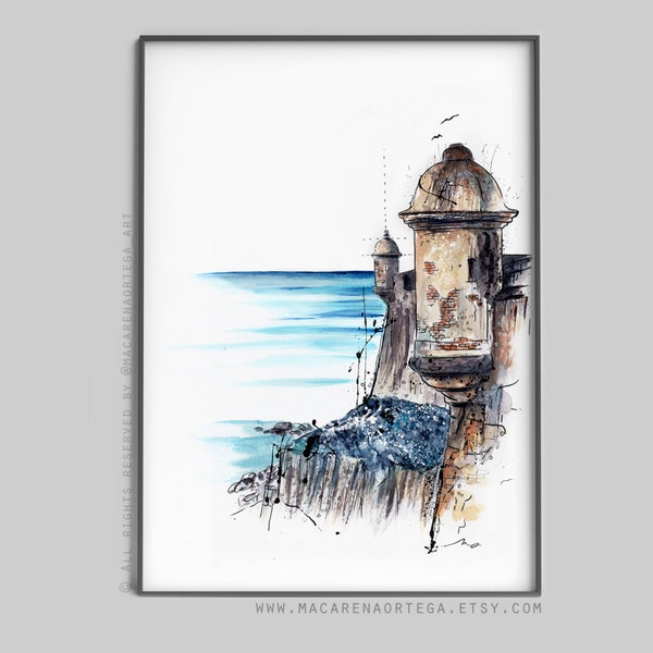 El Morro, San Juan, Puerto Rico watercolor painting decor art prints navigation gift art beach coastal art sea prints ocean art (58)