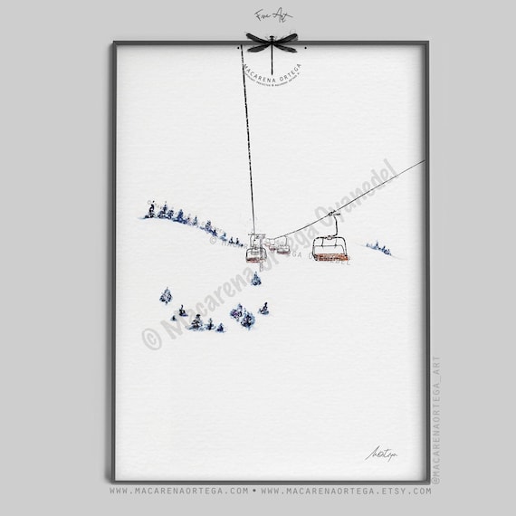 Ski Lift Watercolor Art Print | Ski Art | Skier Chairlift Illustration | Winter Sport Wall Decor | Après-Ski Skiing | Mountain Decor | N16
