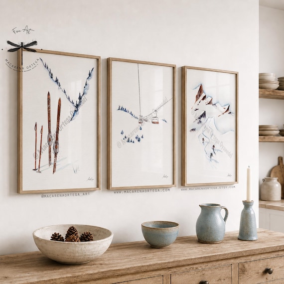 Mountain Ski Collection Watercolor, Art Prints Set of 3, Winter Wall Art, by Macarena Ortega