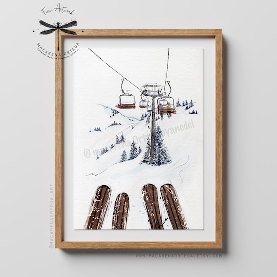 Two Skiers in ChairLift Art Print Watercolor | Wooden Skis, Ski Lift Artwork, Skiing Decor Painting | Apres Ski | Macarena Ortega | N77