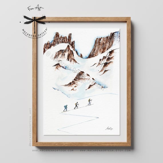 Backcountry Skiing Watercolor Art Print | Mountain Skiing Wall Art, Alpine Snow Decor | Handmade Art | Artwork by Macarena Ortega | N23