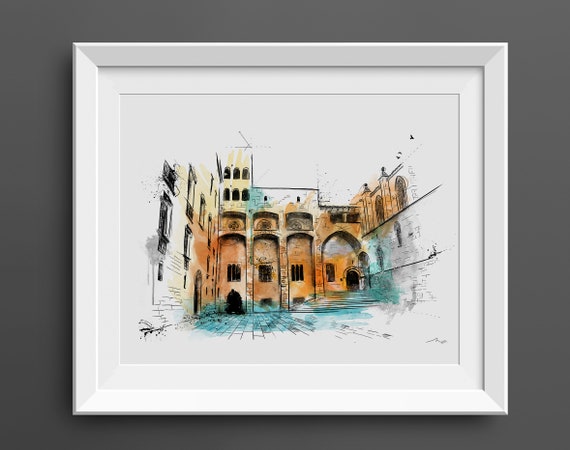 Plaza del Rey paiting Barcelona Plaça del Rei print Barcelona art print Barcelona painting Spain print poster art print city sketch (156)