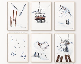 SKIING ART SET of 6 prints 2 of them for free!!  Special Offer Mountain home decor winter decor ski art prints ski wall art Christmas gift