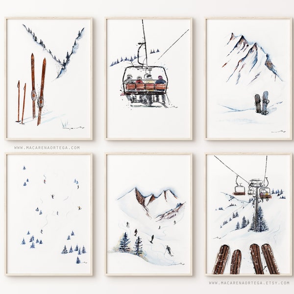 SKIING ART SET of 6 prints 2 of them for free!!  Special Offer Mountain home decor winter decor ski art prints ski wall art Christmas gift