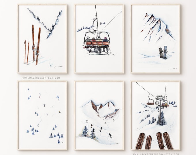 SKIING ART SET of 6 prints 2 of them for free!!  Special Offer Mountain home decor winter decor ski art prints ski wall art Christmas gift