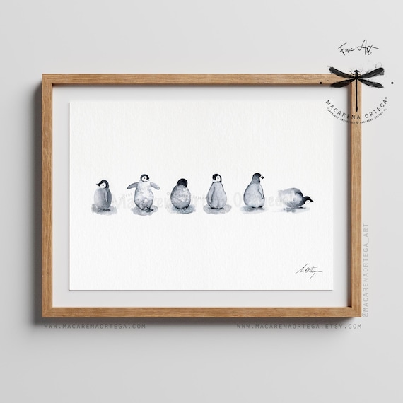 Six Little Penguins, Baby Penguin Watercolor Art Print | Minimalist Nordic Animal Nursery Decor, Arctic Wildlife Wall Art, Cute Gift | N169