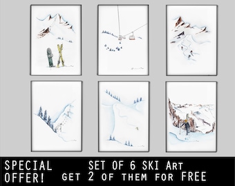 SKIING ART SET of 6 prints 2 of them for free!!  Special Offer Mountain home decor winter decor ski art prints ski wall art Christmas gift