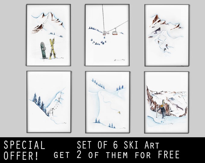 SKIING ART SET of 6 prints 2 of them for free!!  Special Offer Mountain home decor winter decor ski art prints ski wall art Christmas gift