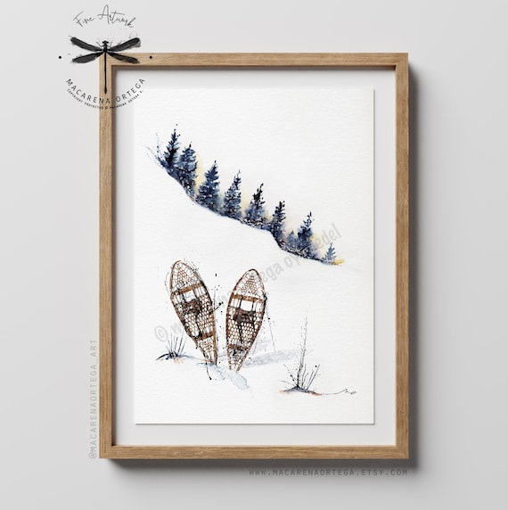 Old Snowshoes Watercolor Art Print | Vintage Ski Print | Snowy Landscape, Outdoor Skiing | Apreski Ski Artwork, Skiers Print, Handmade | N39