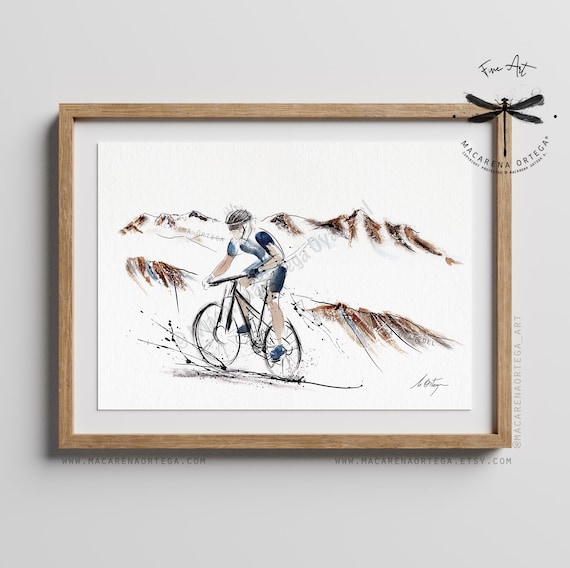 Cyclist Watercolor, Art Print, Bicycle Rider, Outdoor Adventure, by Macarena Ortega | N56