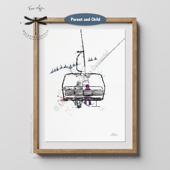Parent and Child on Chairlift – Watercolor Ski Lift Art Print | Skiers Artwork | Winter Sports Mountain Decor | Ski Resort Painting