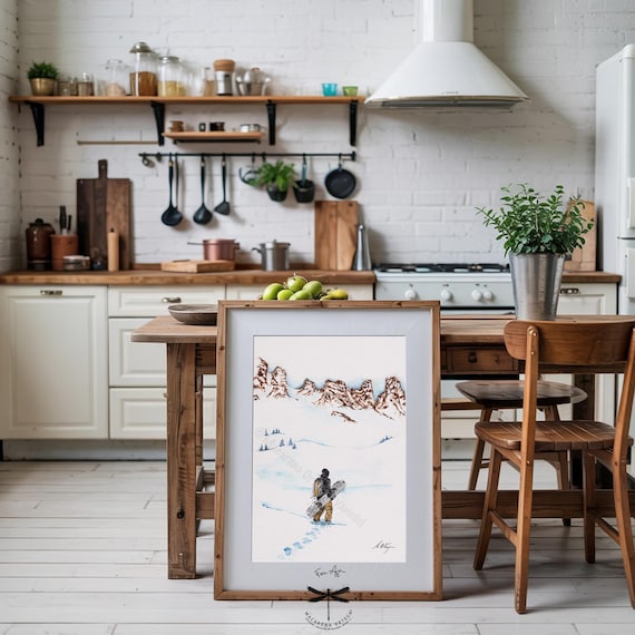 Snowboarder Splitboard Watercolor Art Print | Backcountry Snowboarding, Ski Touring, Winter Mountain, Alpine Wall Art, fresh powder | N151