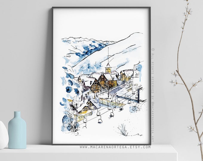 Baqueira Beret painting Watercolor ski resort (Nº03) Mountain snowy Town art print Val d'Aran, Spain. Tanau ski center Pirineos Winter (03)