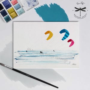 Three Colorful Kitesurfing Kites, Watercolor Art Print, Water Sports Wall Art, by Macarena Ortega | N120 image 4