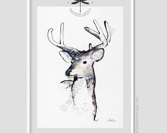 Deer, Watercolor Art Print, Woodland Wildlife Artwork, Forest Nature Wall Art, by Macarena Ortega | N19