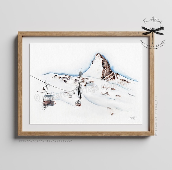 Matterhorn Zermatt Watercolor Art Print | Ski Resort Switzerland & Italy | Alps Chairlift Ski Lift Art | Skiing Decor | Handmade Art | N63