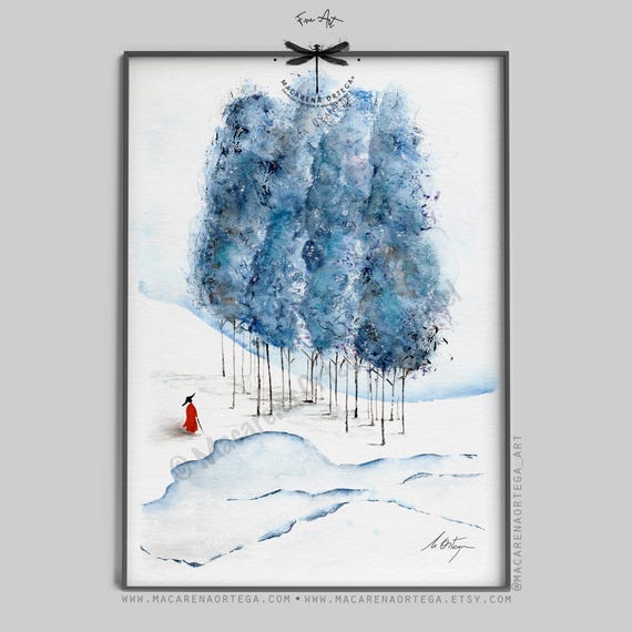 Blue Trees Watercolor Art, Asian Inspired Winter Landscape, Minimalist Blue Wall Decor, Red Figure Painting, Snowy Forest Art Print | N211