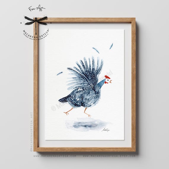 Guinea Fowl in Motion, Watercolor Art Print, Farmhouse Wall Decor, Rustic Bird Painting, Country Kitchen Art by Macarena Ortega | N82
