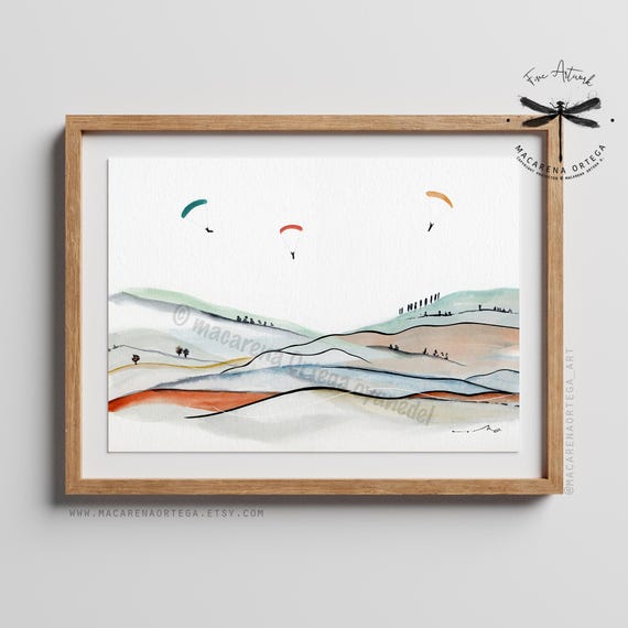 Paragliding Watercolor Art Print | Paraglider Flying | Outdoor Adventure| Parachuting Lovers | Paragliding Artwork by Macarena Ortega | N123