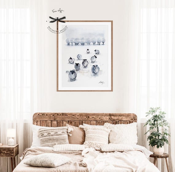 Sheep Watercolor Landscape Art Print | Minimalist Farm Animal Nordic Country Decor, Rustic Alpine Home Style | Nursery Art, xmas gift | N159