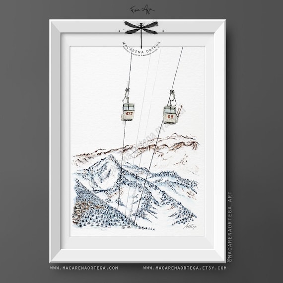 Verbier Old Góndola lift Print, Vintage Cabin Watercolor Art | Nostalgic Retro Ski Switzerland | Alps Ski Lift | Macarena Ortega | N143