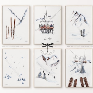 Ski Art Print Set of 6 prints, 2 of them for FREE! Nordic Ski Decor, Mountain Home Decor, Winter Ski Prints for Chalet | By Macarena Ortega