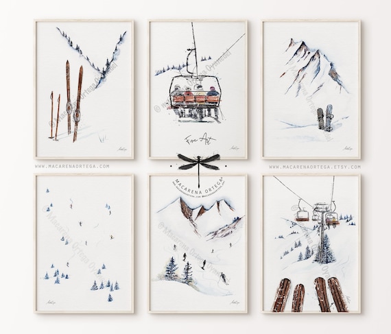 Ski Art Print Set of 6 prints, 2 of them for FREE! Nordic Ski Decor, Mountain Home Decor, Winter Ski Prints for Chalet | By Macarena Ortega