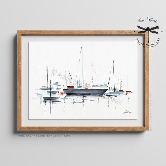 Sailboats in port Watercolor Art Print minimalist | Nautical Coastal Painting, Sailing Boat Artwork, Beach Decor Sea Ocean | Fine Art | N137