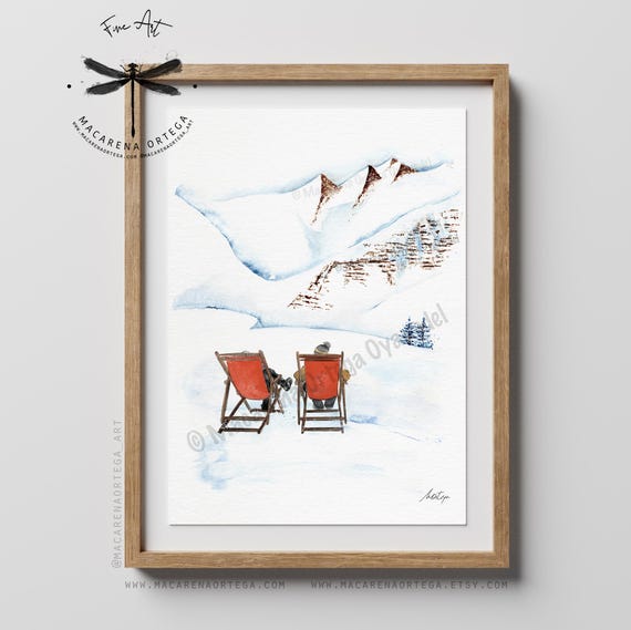Après-ski Vintage Watercolor Print | Couple Relaxing in Snowy Landscape, Retro Ski Vibe, Apresski Vintage Ski Art | Macarena Ortega | N146