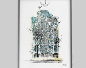 Casa Batlló Gaudí Watercolor Art Print | Barcelona Architecture Sketch | BCN Art | Gaudí's House Painting | Art by Macarena Ortega | N99